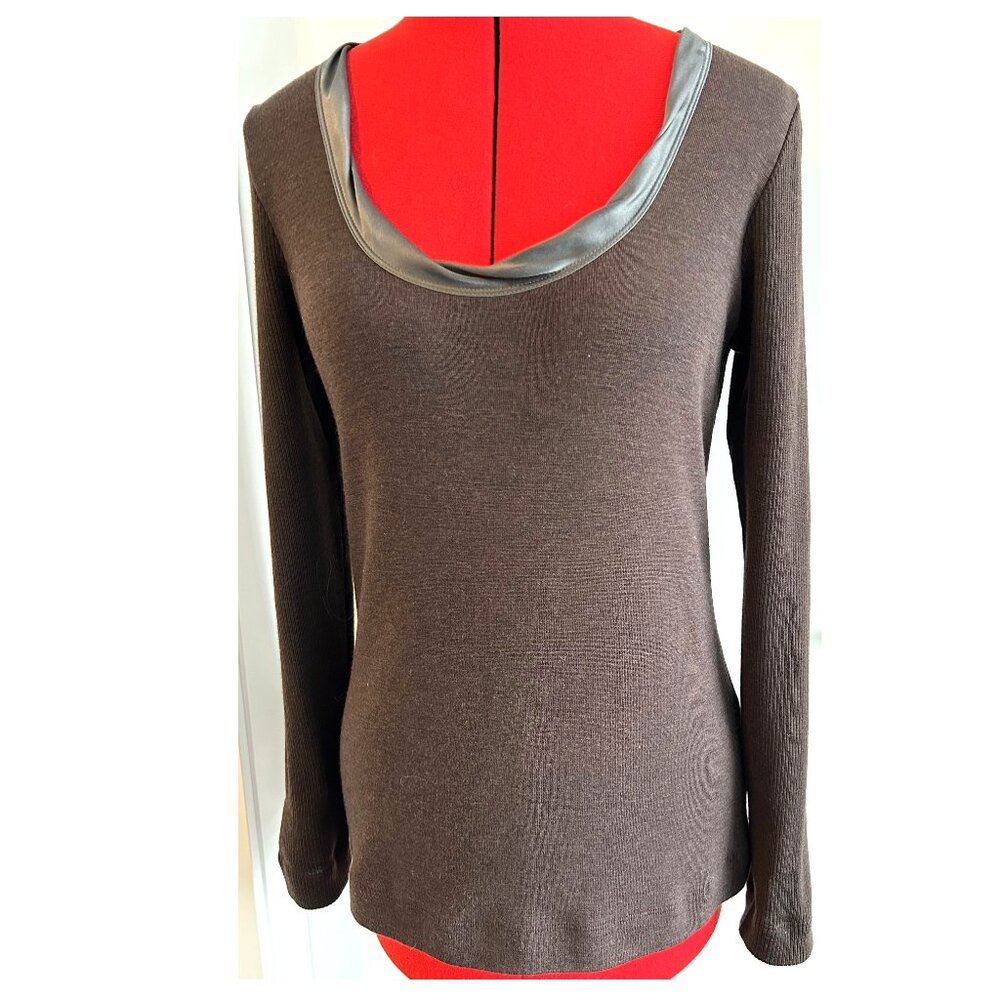 Lida Baday Deep Dark Brown Wool Sweater with  Satin Trim Collar Sz L